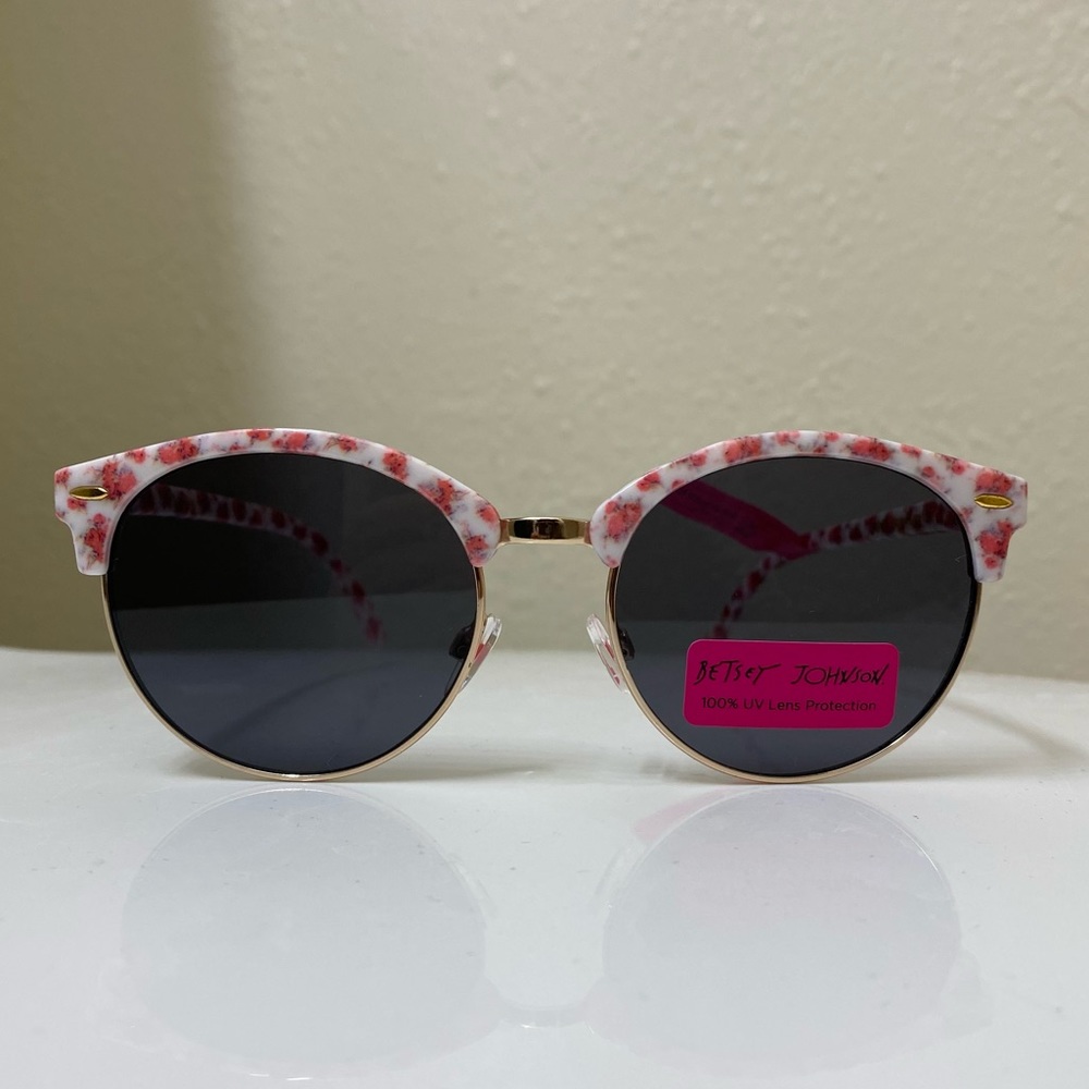 Betsey Johnson Floral Vintage Clubmaster Sunglasses Pink White Rockabill…